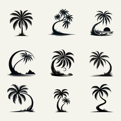 Fototapeta premium Set of palm trees silhouette art black and white vector illustration on white background