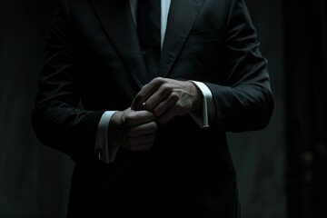 A Mysterious Figure Adjusting Cufflinks in a Sleek Tailored Black Suit with Elegance and Power