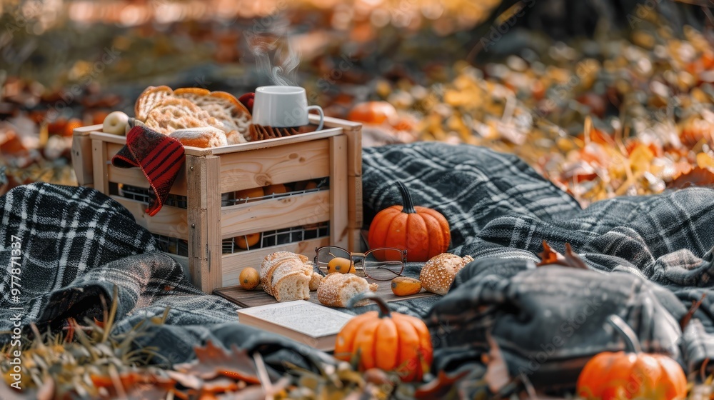 Poster an autumn picnic setup with pumpkins, a book