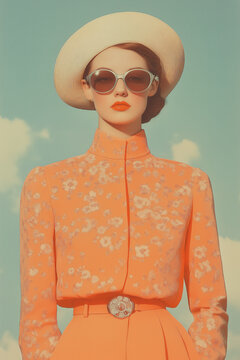Fashion magazine concept. Portrait of beautiful female model wearing designer clothing, hat and looking at camera on blue sky background. Haute couture style. Retro, avant-garde. Studio shot