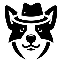 A dog wearing a hat with a black silhouette on a white background