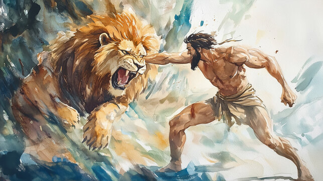 watercolor illustration of Samson fighting lion
