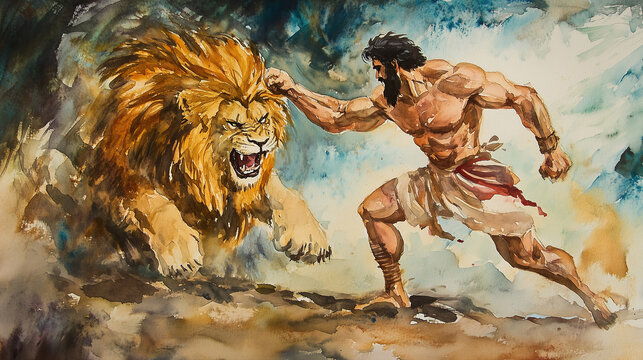 watercolor illustration of Samson fighting lion
