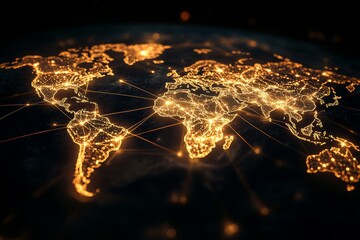Digital world map with glowing connections and nodes illustrating global data flow
