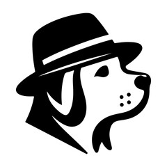 A dog wearing a hat with a black silhouette on a white background