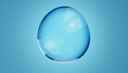 Abstract water bubble on blue background. Blue distorted droplet floating, Purity concept. 3d render illustration