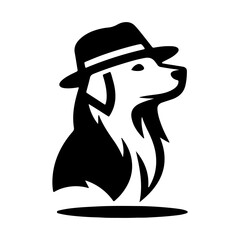 A dog wearing a hat with a black silhouette on a white background