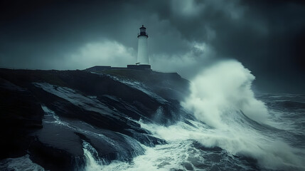 A coastal lighthouse standing tall amidst a violent storm with waves crashing against the rocks and rain pouring down from the blackened sky.