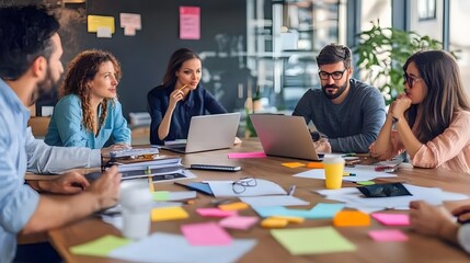 Group of young professionals working on a project together at a desk in an office setting.