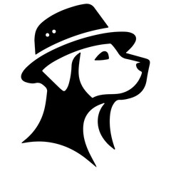 A dog wearing a hat with a black silhouette on a white background