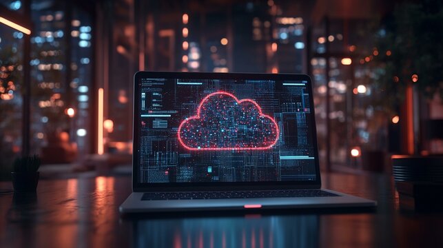 a Laptop screen showing a cloud computing diagram, symbolizing data and technology integration.