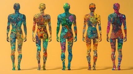Naklejka premium Multicolored human silhouettes adorned with complex patterns on a warm backdrop