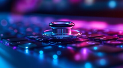 an Stethoscope placed on a laptop keyboard, blending medical and technology themes.