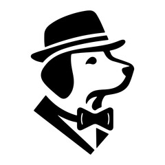 A dog wearing a hat with a black silhouette on a white background