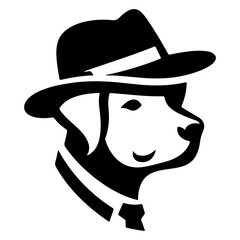 A dog wearing a hat with a black silhouette on a white background