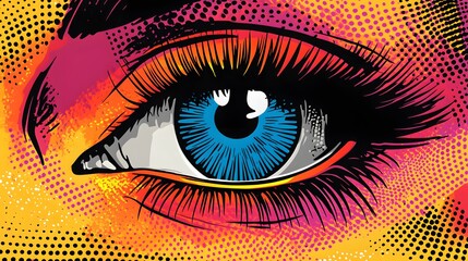 Pop art style close-up of a blue human eye with vibrant color contrasts