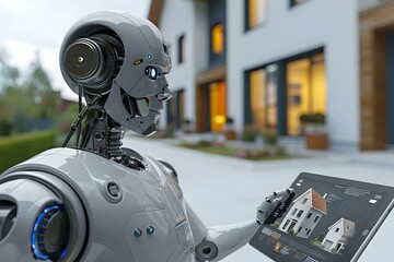 Fototapeta premium Humanoid Robot Looking At House On Digital Tablet's Screen