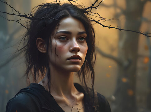 A runaway teen has been sleeping in the woods so long that her hair has become entangled with twigs and leaves. Dark, moody goth portrait.