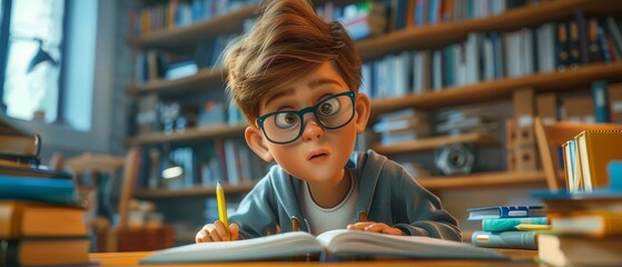 Adorable 3D cartoon student using digital portfolios and online platforms to showcase projects and assignments, showcasing creativity and organization