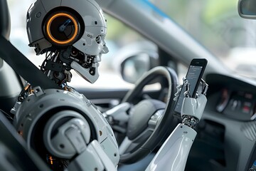 Close-up of a humanoid robot holding a cellphone with message notification while driving a car.