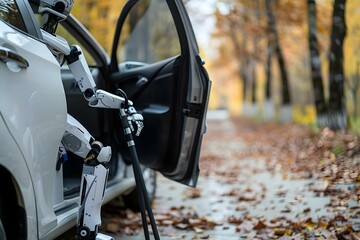 Close-up Of A Disabled Robot With Crutches Opening Door Of A Car