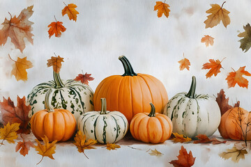 A watercolor painting of pumpkins and leaves with a fall theme