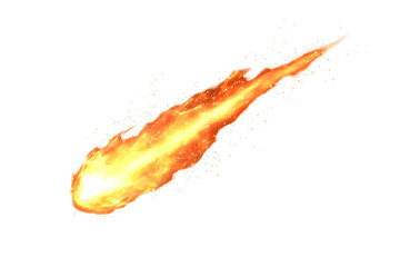 Burning meteor flying with fire trail on transparent background 