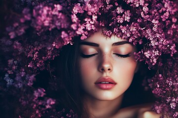 Beautiful woman with pink flowers in her hair, eyes closed, dreamy, romantic, delicate.