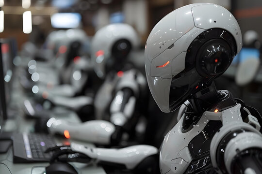 The humanoid robot is working as a Call Center Customer Care Agent, assisting customers with artificial intelligence technology.