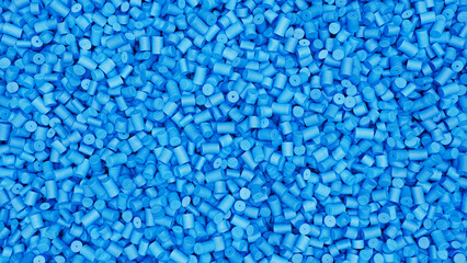 Obraz premium Closeup top view of blue plastic polypropylene granules, masterbatch polymer grain. HDPE or PVC resin pellets. 3d render illustration
