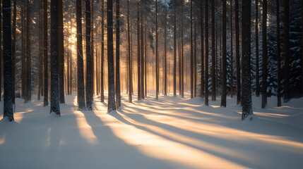 A dense pine forest in the snow with tall trees casting long shadows under a pale winter sun.