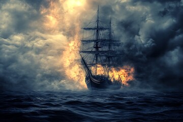 Obraz premium Burning ship on stormy sea, dramatic scene of a burning ship sinking in the middle of a raging storm. Concept of danger, peril, disaster, shipwreck, apocalypse, destruction.