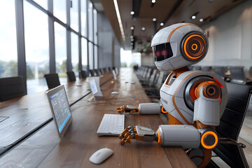 Fototapeta premium Humanoid Robot Sitting In A Conference Room Looking At Computer Screen