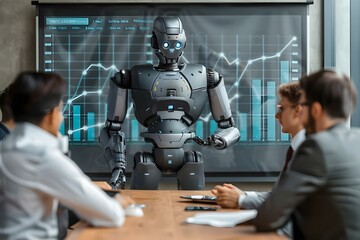 Humanoid robot or senior business executive standing in front of a graph giving a presentation to staff or colleagues seated at a table.