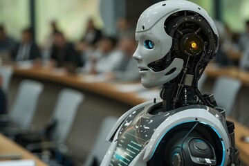 Fototapeta premium humanoid robot delivering a presentation to its colleagues during a meeting or in-house business training, robot, business, ai, artificial, leadership, intelligence, code, training, tech
