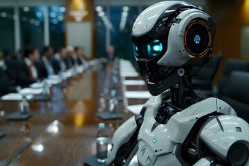 Fototapeta premium Bored humanoid robot panel waiting for something to happen at a corporate meeting.