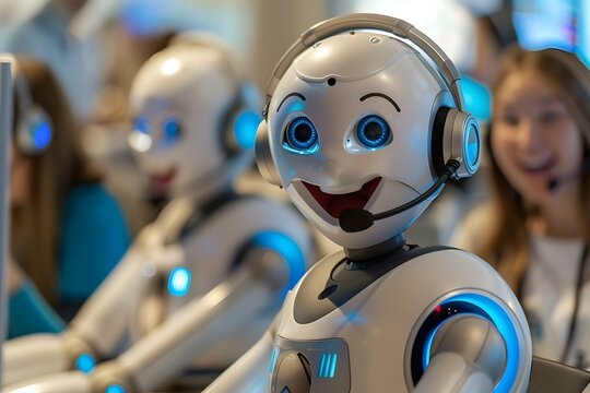 Happy Co-workers Wearing Headsets Working In Call Center with humanoid robot colleagues.
