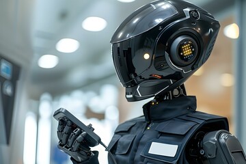 Young humanoid robot security guard in black uniform using walkie-talkie.
