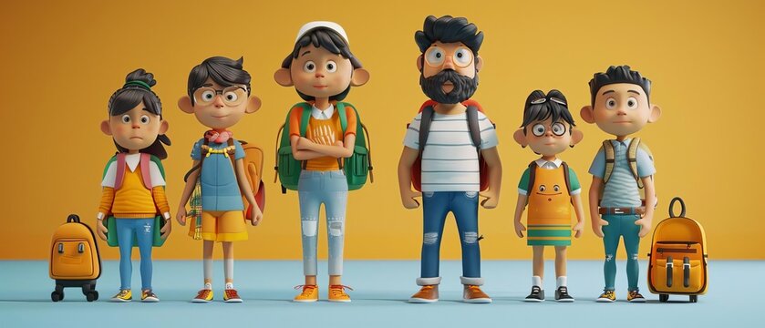 Fun 3D cartoon characters discussing school routines and expectations with parents or caregivers, promoting smooth transitions and readiness