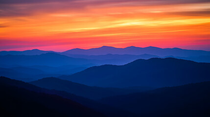 Obraz premium A dramatic mountain ridge silhouetted against a fiery sunset sky with layers of distant ranges fading into the horizon.