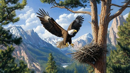 A pair of majestic bald eagles building their nest in a tall pine tree