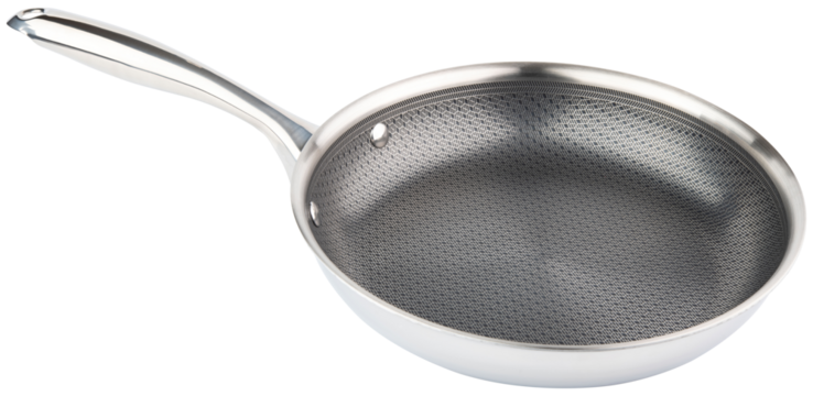 Frying pan. New nonstick pan with stainless steel handle. Fry pan for cooking. Gray ceramic coating. Free of PFAS PFOA, lead and cadmium. Professional metal chef kitchenware. White isolated background