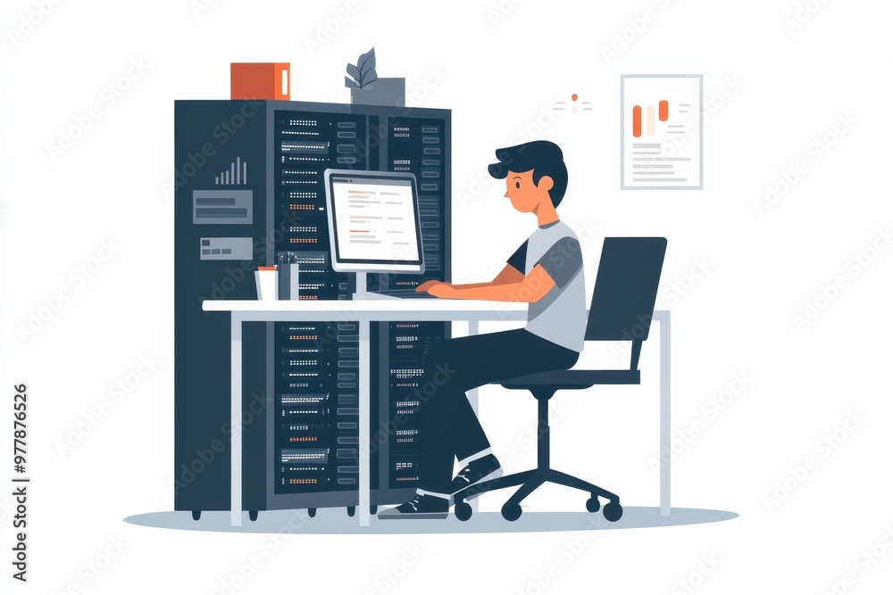 Poster man working on computer in server room with white background, simple minimalistic style, web host co