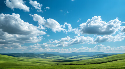 A green valley with rolling hills and distant mountains under a bright blue sky with fluffy clouds.