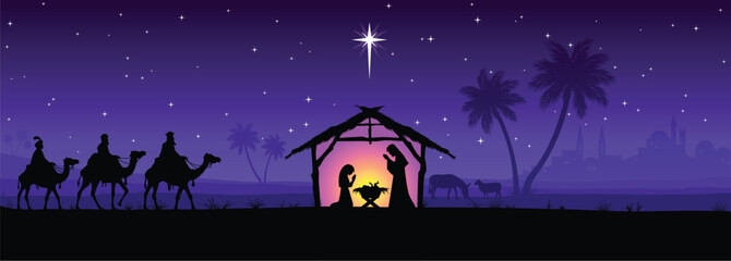 classic christmas nativity birth of jesus christ in stable with 3 wise men and star purple night scene vector illustration