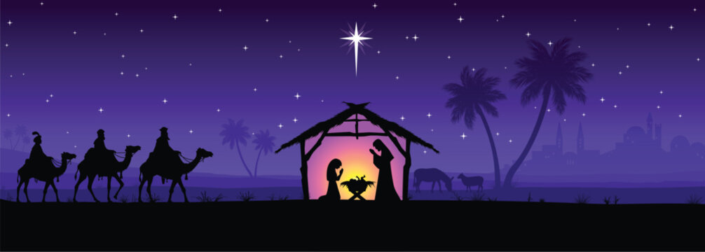 classic christmas nativity birth of jesus christ in stable with 3 wise men and star purple night scene vector illustration