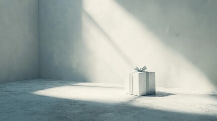 A Single White Gift Box with Ribbon on a Concrete Floor in a Room with Sunlight Streaming Through a Window