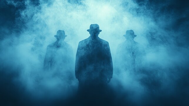 Three men in hats stand in a misty blue haze