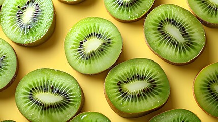 Fototapeta premium Kiwi slices on bright yellow background, vibrant and fresh fruit pattern, top view, healthy food concept 