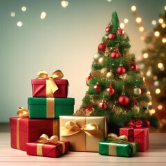 Obraz premium Festive display of traditional red and green Christmas gifts stacked beside a holiday tree against a sparkling golden bokeh background.